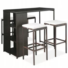   Set de Bar pentru Grădină cu 5 Piese din Rattan PE Maro cu Pernuțe