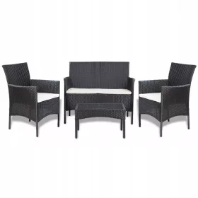   Set Mobilier de Grădină din Ratan PE Negru cu Perne - Sofă, 2 Fotolii și Masă de Cafea