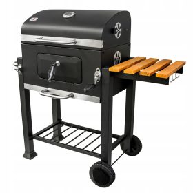    Gratar mare cu carbuni, gratar din fonta, 113,5x50x107 cm, gradina, cu raft din lemn