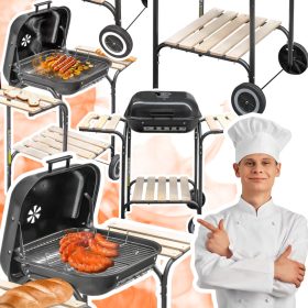    Gratar de carbune cu capac si mese laterale pentru gradina si teren, solid