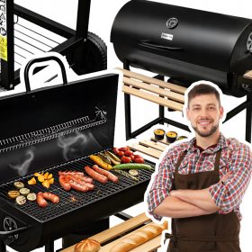    Grătar cu cărbune de grădină Mese cu butoi grătar solid din oțel cu termometru