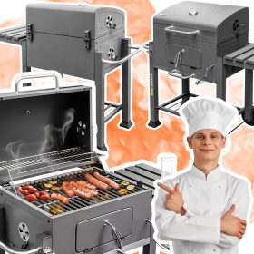    Gratar cu carbune cu capac, masuta laterala, gratar din fonta, solid 25 kg, afumat