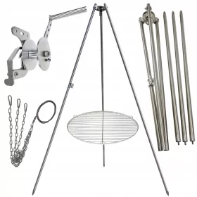    Trepied grătar de grădină 200cm inox + grătar 60cm + rolă + funie INOX