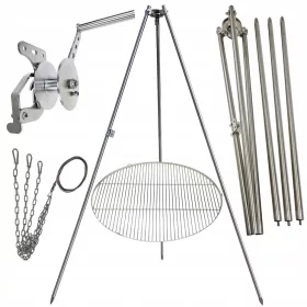    Trepied grătar de grădină 200cm inox + grătar 80cm + rolă + funie INOX