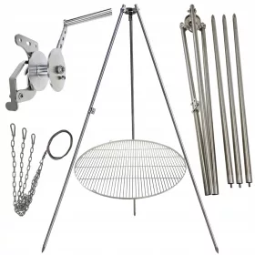    Trepied grătar de grădină 200cm inox + grătar 90cm + rolă + funie INOX