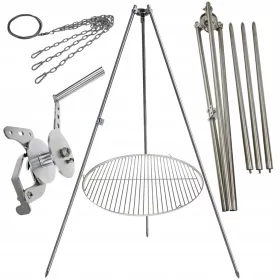    Trepied grătar de grădină 225cm oțel inoxidabil + grătar 70cm rulou funie SET