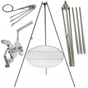    Trepied grătar de grădină 225cm inox + grătar 80cm + rolă + funie INOX