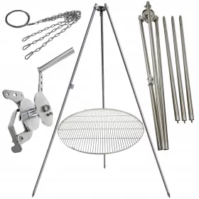    Trepied grătar de grădină 225cm inox + grătar 90cm + rolă + funie INOX