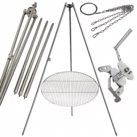    Trepied grătar de grădină 250cm inox + grătar 80cm + rolă + funie INOX