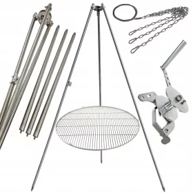    Trepied grătar de grădină 250cm inox + grătar 90cm + rolă + funie INOX