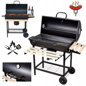    GRĂTAR MARE DE GRĂDINĂ SPENTINĂ PE ROȚI CAPAC RAFTURI DE LEMN