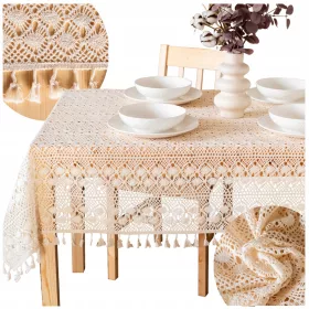   Obrus Rustic Boho Vintage cu Franjuri, Bej, Croșetat din Bumbac - 130x180 cm