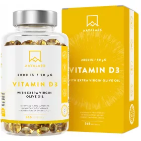   Vitamina D3 2000 IU cu Ulei Extra Virgin de Măsline pentru Imunitate - 365 Capsule