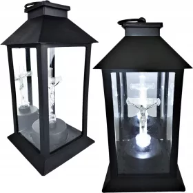   Lanterna Neagră Decorativă cu Iisus pe Cruce – Ideală pentru Cimitir și Grădină
