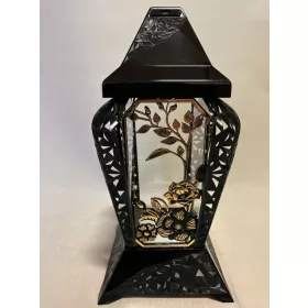 Lampion Funerar Mare Negru cu Flori Aurii