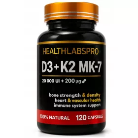   Health Labs Pro D3 20 000 UI + K2 MK-7 200 μg - 120 capsule pentru sănătatea oaselor și inimii