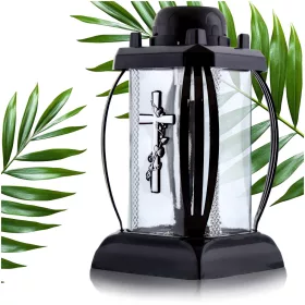   Lampion Solar pentru Mormânt din Sticlă Mare, LED Negru 24 x 13 cm
