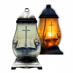   Lampion Funerar Mare cu Imprimare de Cruce și Carte, Argintiu