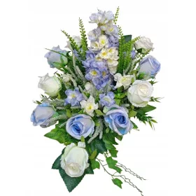   Aranjament Funerar cu Roze Albastre și Albe în Coș de Cement