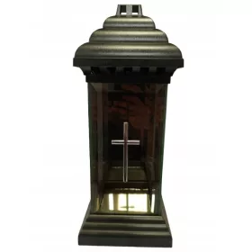   Lumânare Memorială de Sticlă cu Capelă și Cruce Argintie Mare, 34 cm
