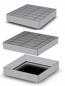 Trapă de inspecție din aluminiu sub pavaj 400 × 400 × 80 mm, deschidere 340 × 340 mm