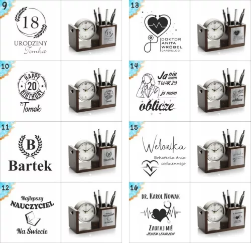 Organizator de birou din lemn agmART cu ceas si gravura