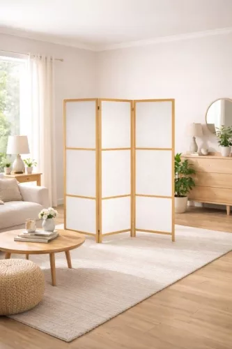 Paravan din lemn alb RIIMARE Shoji J000, 3 părți 125 × 172 cm