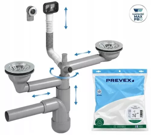 Sifon pentru chiuvetă cu două camere Prevex Flexloc Pro FL2-D9CR4-01PL cu preaplin, 90 mm