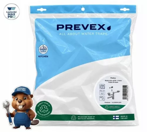Sifon pentru chiuvetă cu două camere Prevex Flexloc Pro FL2-D9CR4-01PL cu preaplin, 90 mm