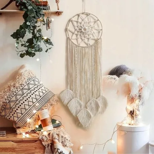 Macrame de perete bej cu franjuri 30 cm