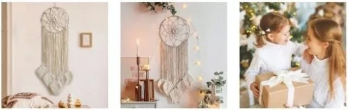 Macrame de perete bej cu franjuri 30 cm