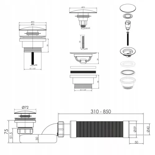 Sifon pentru cadă joasă Tycner 3019/K cu dop cromat clic-clac și scurgere flexibilă