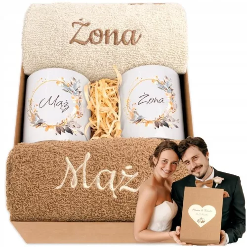 Set cadou de nuntă cu 2 prosoape și 2 căni