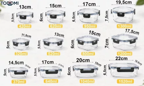 Set TODOMI de 12 recipiente din sticlă pentru alimente cu capace etanșe