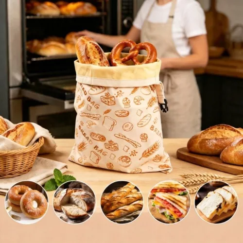 Două săculeți de pâine din bumbac cerat, bej, 43 × 33 cm