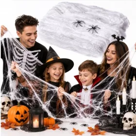   Șapte pachete de pânză de păianjen decorativă albă PartyDeco, câte 60 g