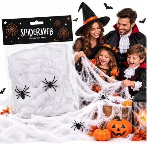 Șapte pachete de pânză de păianjen decorativă albă PartyDeco, câte 60 g