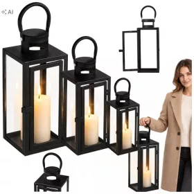 Set trei felinare Aptel negre 65, 50 si 38 cm