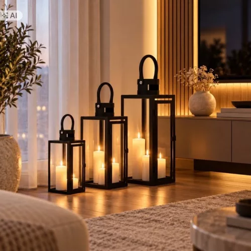 Set trei felinare Aptel negre 65, 50 si 38 cm