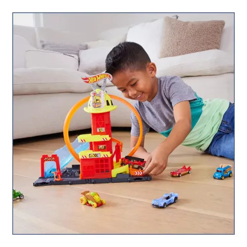Set super buclă Hot Wheels City Firefighter + vehicul