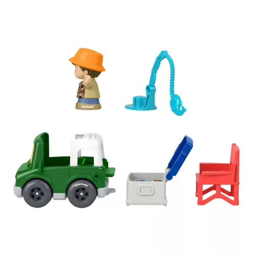 Set Little People cu mașină, figurină și accesorii - Aventura de pescuit
