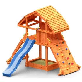   Loc de joaca din gradina din lemn Casa gigantica, tobogan, cutie cu nisip, perete de catarat si coarda, scara, scari, accesorii