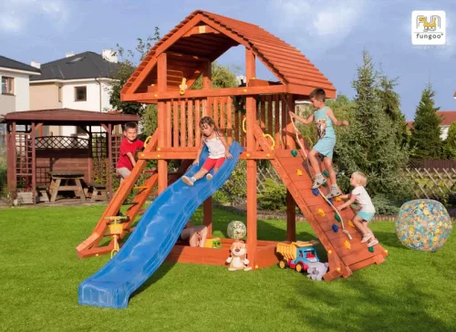 Loc de joaca din gradina din lemn Casa gigantica, tobogan, cutie cu nisip, perete de catarat si coarda, scara, scari, accesorii