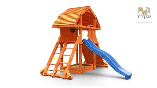 Loc de joaca din gradina din lemn Casa gigantica, tobogan, cutie cu nisip, perete de catarat si coarda, scara, scari, accesorii