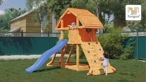 Loc de joaca din gradina din lemn Casa gigantica, tobogan, cutie cu nisip, perete de catarat si coarda, scara, scari, accesorii