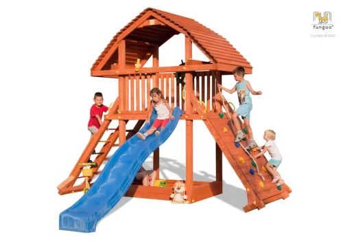 Loc de joaca din gradina din lemn Casa gigantica, tobogan, cutie cu nisip, perete de catarat si coarda, scara, scari, accesorii