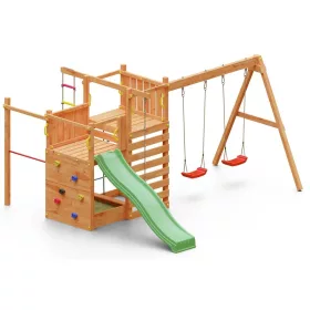  Loc de joaca de gradina din lemn Climbing Star 3 tobogane, 2 leagane, groapa cu nisip, pereti si franghii de catarare, bara de gimnastica, scara