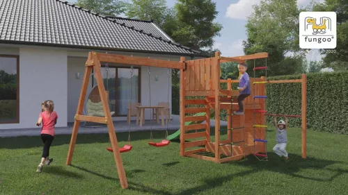 Loc de joaca de gradina din lemn Climbing Star 3 tobogane, 2 leagane, groapa cu nisip, pereti si franghii de catarare, bara de gimnastica, scara