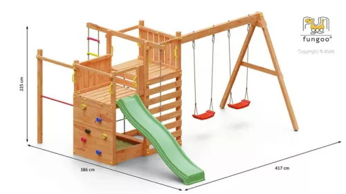 Loc de joaca de gradina din lemn Climbing Star 3 tobogane, 2 leagane, groapa cu nisip, pereti si franghii de catarare, bara de gimnastica, scara