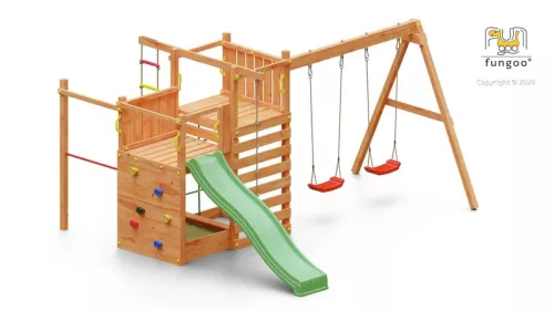 Loc de joaca de gradina din lemn Climbing Star 3 tobogane, 2 leagane, groapa cu nisip, pereti si franghii de catarare, bara de gimnastica, scara